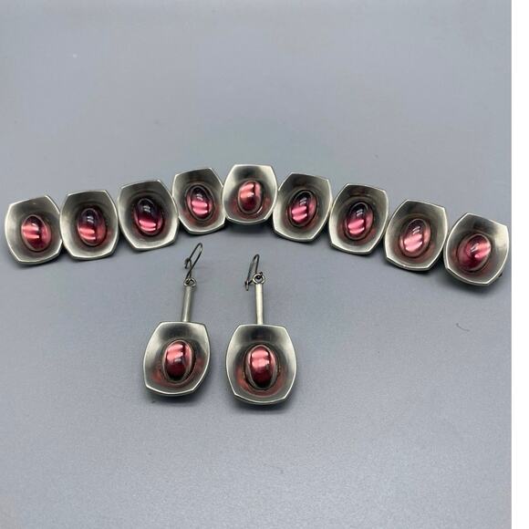Vtg‎ MCM Jorgen Jensen Denmark Pewter Amethyst Glass Bracelet ,Earrings 220-A - Picture 1 of 10
